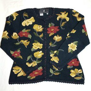 Women's Sweater Peruvian Connection Floral Art-to-Wear Pima Cotton Cardigan M